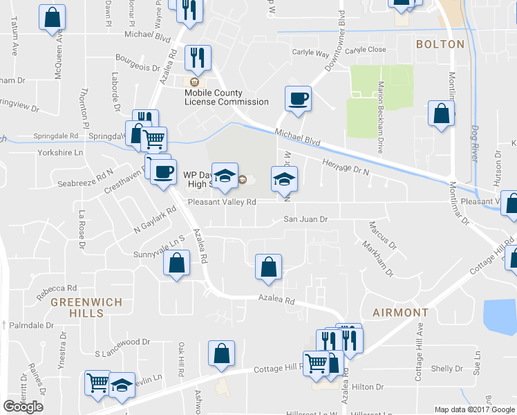 map of restaurants, bars, coffee shops, grocery stores, and more near 501 Castile Drive in Mobile