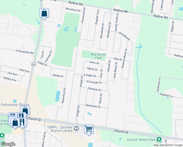 map of restaurants, bars, coffee shops, grocery stores, and more near 2021 East Eagle Street in Zachary