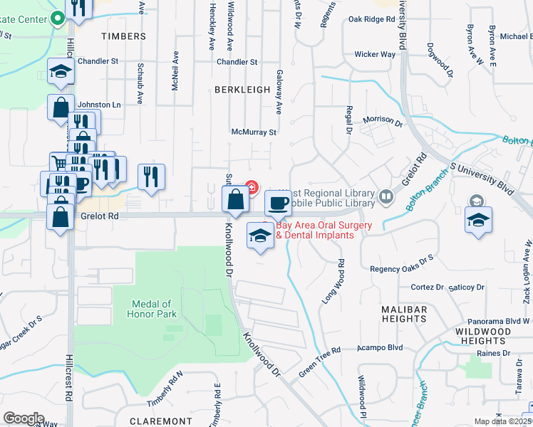 map of restaurants, bars, coffee shops, grocery stores, and more near 5910 Grelot Road in Mobile