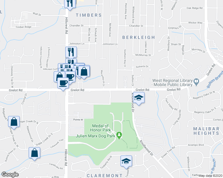 map of restaurants, bars, coffee shops, grocery stores, and more near 1282 Savannah Drive in Mobile