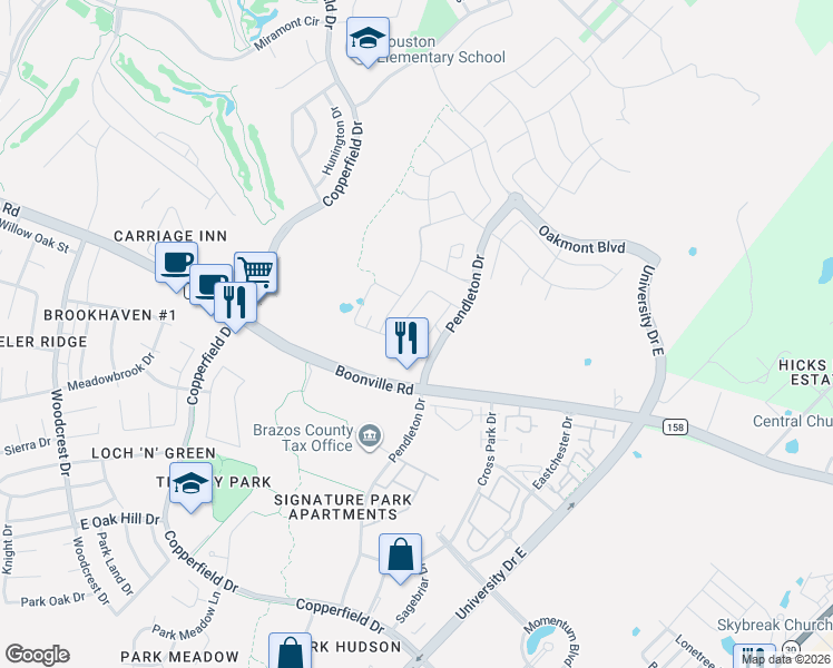 map of restaurants, bars, coffee shops, grocery stores, and more near 4225 Pendleton Drive in Bryan