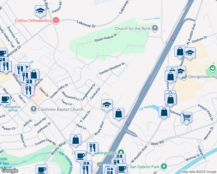 map of restaurants, bars, coffee shops, grocery stores, and more near 602 Central Drive in Georgetown