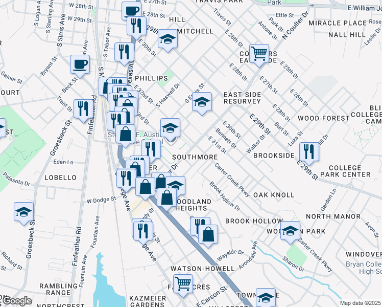 map of restaurants, bars, coffee shops, grocery stores, and more near 809 South Coulter Drive in Bryan