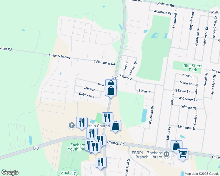 map of restaurants, bars, coffee shops, grocery stores, and more near 4610 Harding Boulevard in Zachary