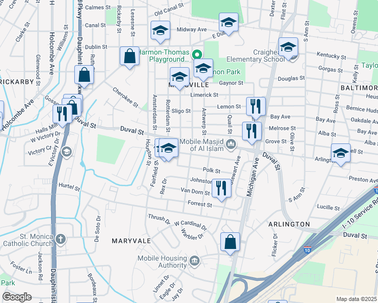 map of restaurants, bars, coffee shops, grocery stores, and more near 1652 Robert E Lee Street in Mobile