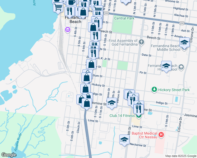 map of restaurants, bars, coffee shops, grocery stores, and more near 705 South 10th Street in Fernandina Beach