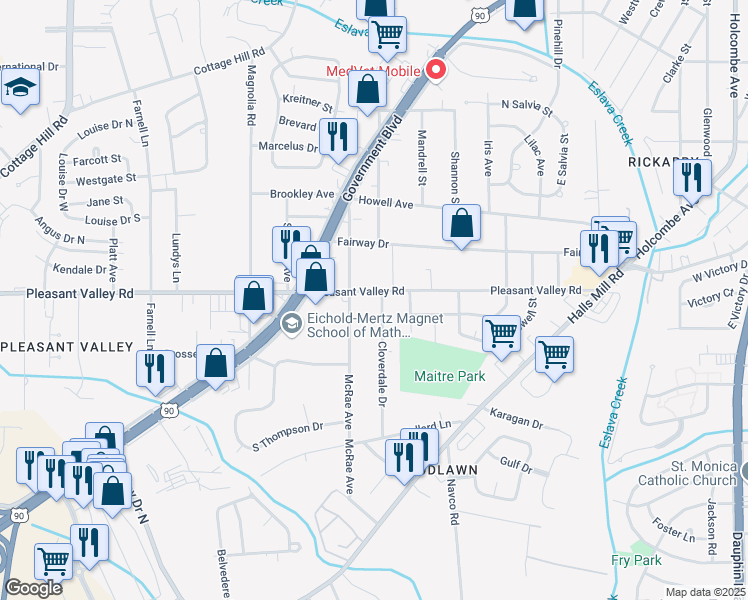 map of restaurants, bars, coffee shops, grocery stores, and more near 902 Cloverdale Drive in Mobile