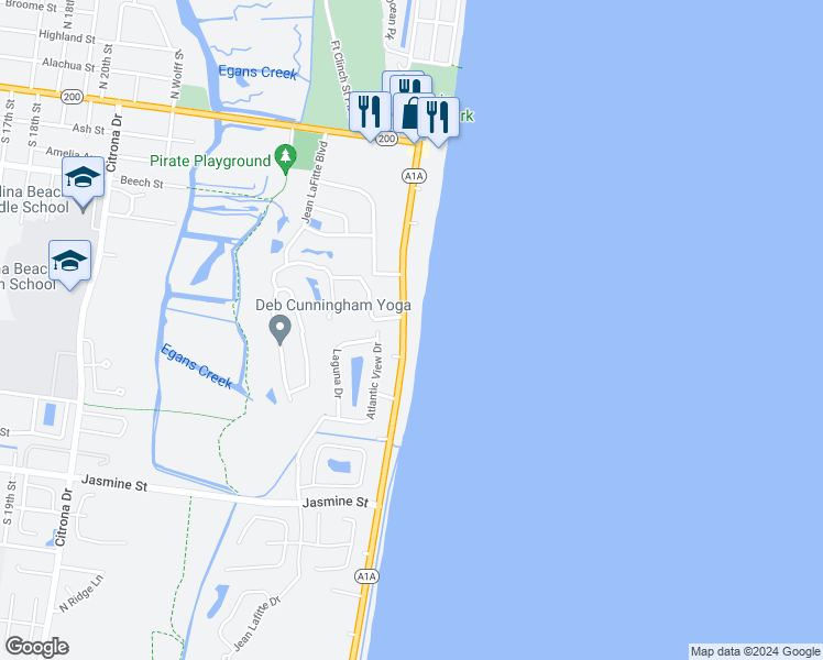map of restaurants, bars, coffee shops, grocery stores, and more near 426 South Fletcher Avenue in Fernandina Beach