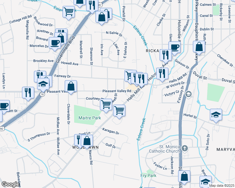 map of restaurants, bars, coffee shops, grocery stores, and more near 911 Rowell Street in Mobile