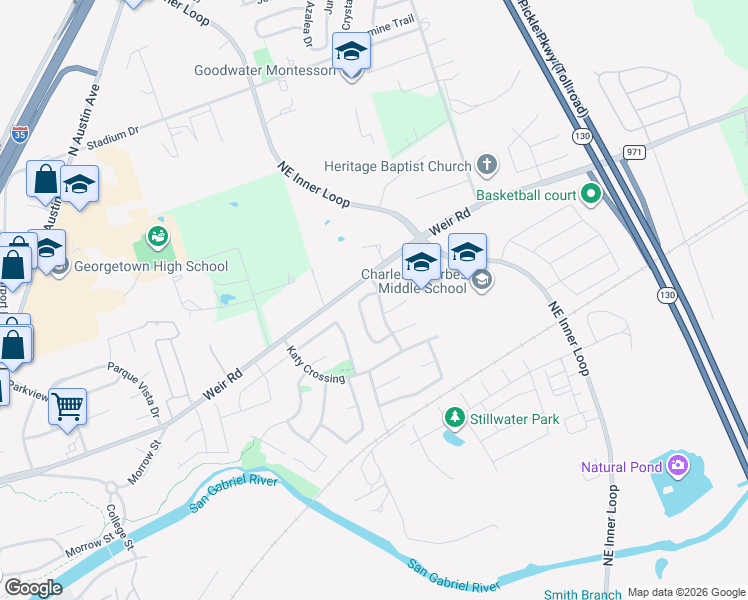 map of restaurants, bars, coffee shops, grocery stores, and more near 101 Prairie Springs Loop in Georgetown