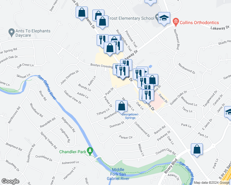 map of restaurants, bars, coffee shops, grocery stores, and more near 2900 Mesquite Lane in Georgetown