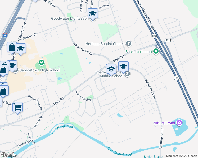 map of restaurants, bars, coffee shops, grocery stores, and more near 101 Prairie Springs Loop in Georgetown