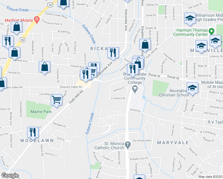 map of restaurants, bars, coffee shops, grocery stores, and more near 855 West Victory Drive in Mobile