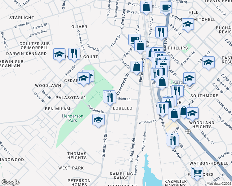 map of restaurants, bars, coffee shops, grocery stores, and more near 1308 Groesbeck Street in Bryan
