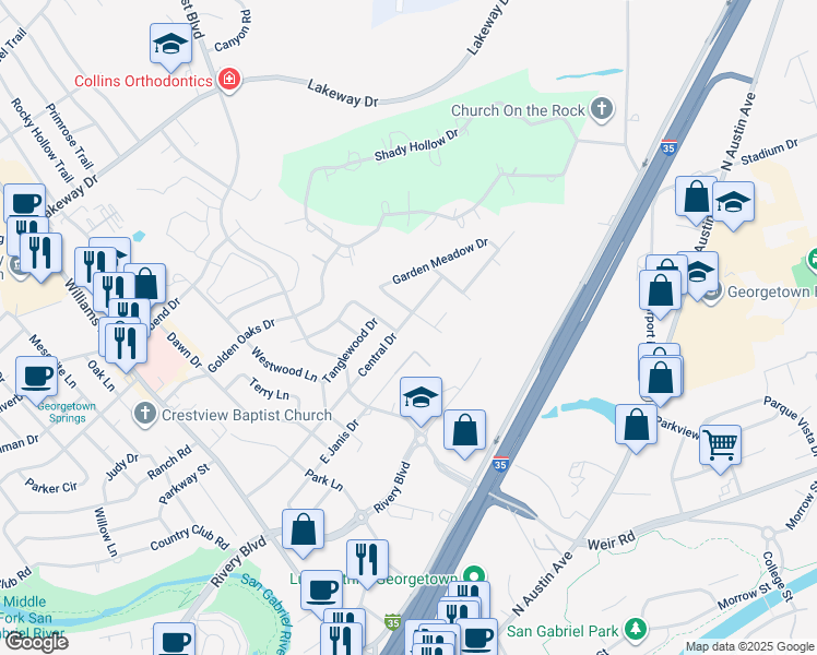 map of restaurants, bars, coffee shops, grocery stores, and more near 602 Central Drive in Georgetown