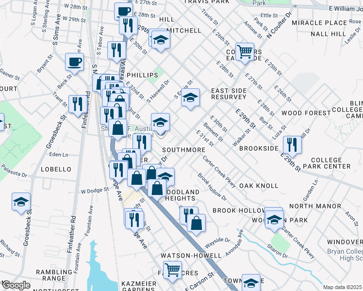 map of restaurants, bars, coffee shops, grocery stores, and more near 809 South Coulter Drive in Bryan