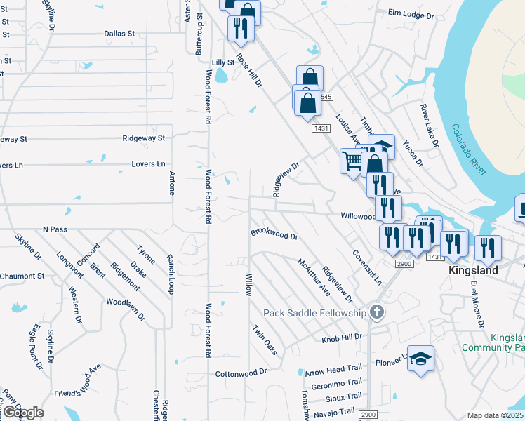map of restaurants, bars, coffee shops, grocery stores, and more near 742 Willowood in Kingsland