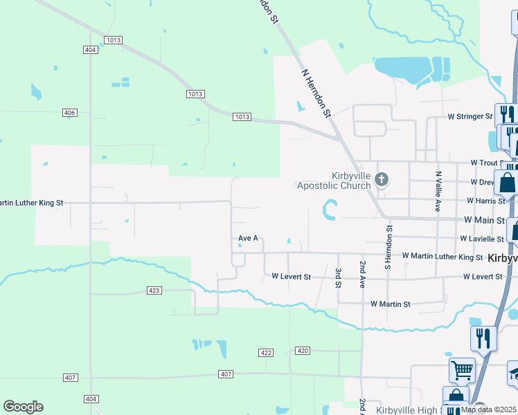 map of restaurants, bars, coffee shops, grocery stores, and more near 143 Lawndale Street in Kirbyville