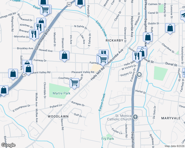 map of restaurants, bars, coffee shops, grocery stores, and more near 2260 Halls Mill Road in Mobile