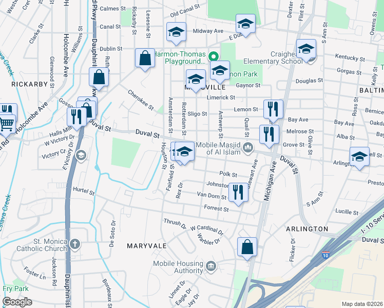 map of restaurants, bars, coffee shops, grocery stores, and more near 1301-1361 Brussels Street in Mobile