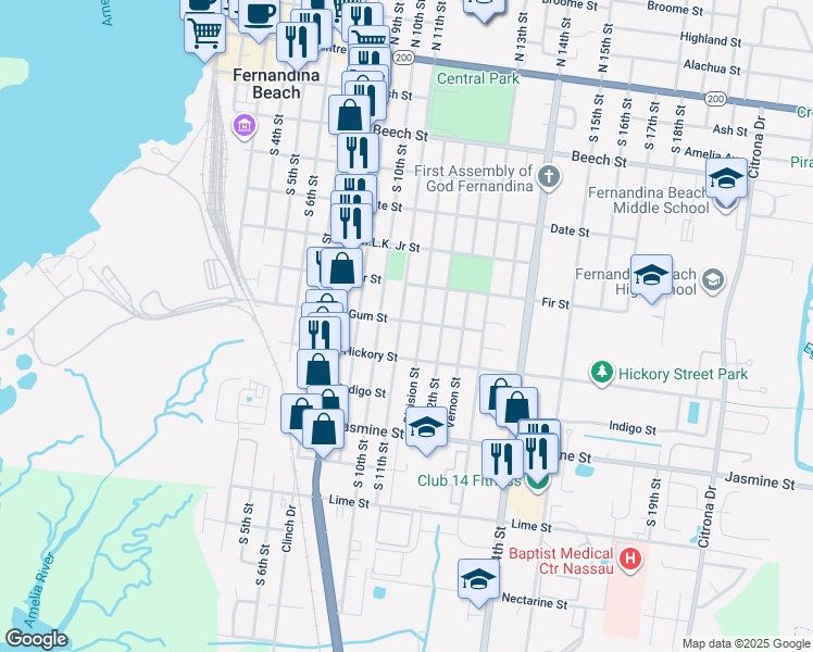 map of restaurants, bars, coffee shops, grocery stores, and more near 702 South 11th Street in Fernandina Beach