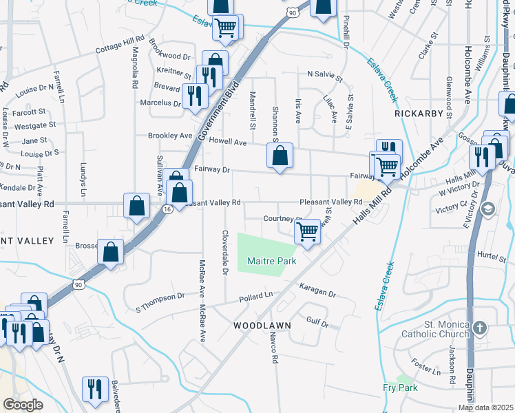 map of restaurants, bars, coffee shops, grocery stores, and more near 2557 Pleasant Valley Road in Mobile