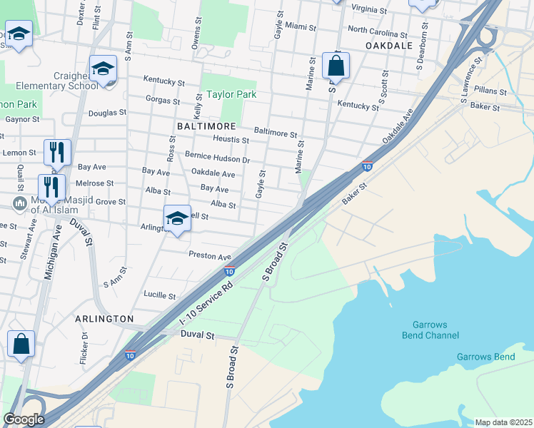 map of restaurants, bars, coffee shops, grocery stores, and more near 919 Alba Street in Mobile