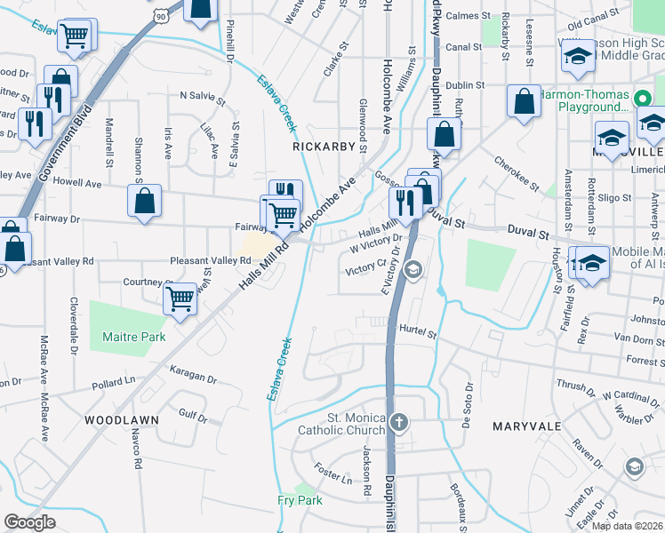 map of restaurants, bars, coffee shops, grocery stores, and more near 856 West Victory Drive in Mobile