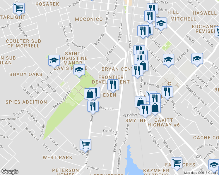 map of restaurants, bars, coffee shops, grocery stores, and more near 317 Frontier Drive in Bryan
