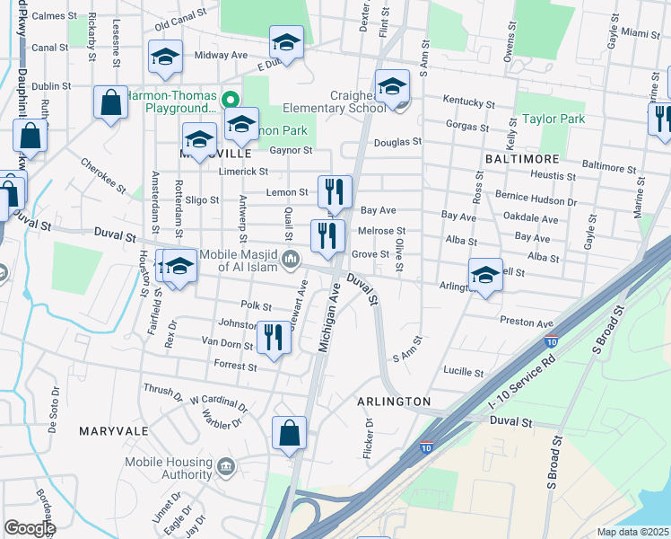 map of restaurants, bars, coffee shops, grocery stores, and more near in Mobile