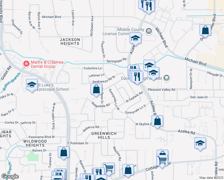 map of restaurants, bars, coffee shops, grocery stores, and more near 405 Sunnyvale Lane West in Mobile