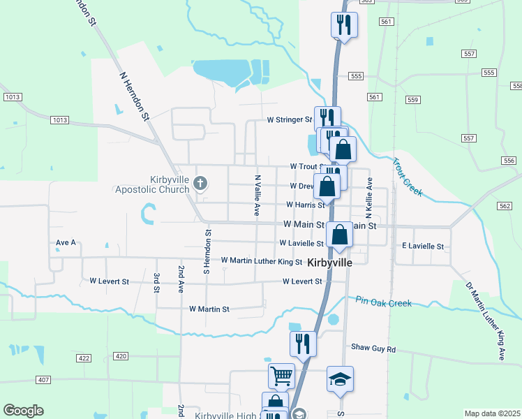 map of restaurants, bars, coffee shops, grocery stores, and more near 409 West Harris Street in Kirbyville