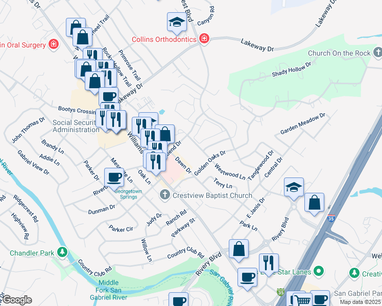 map of restaurants, bars, coffee shops, grocery stores, and more near 2312 Westwood Lane in Georgetown