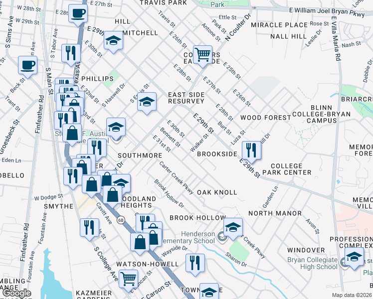 map of restaurants, bars, coffee shops, grocery stores, and more near 1408 Bennett Street in Bryan