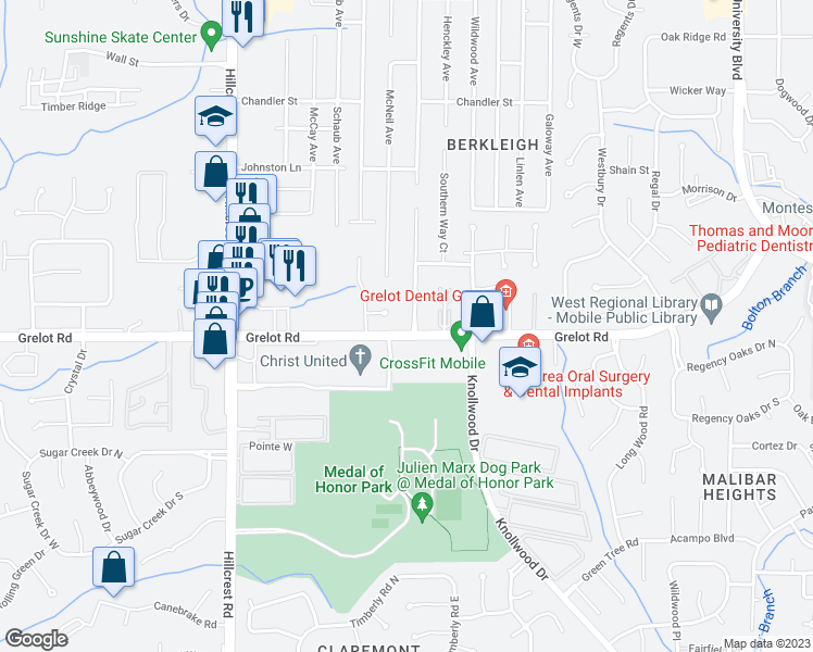 map of restaurants, bars, coffee shops, grocery stores, and more near 1282 Savannah Drive in Mobile