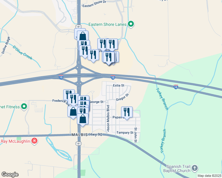 map of restaurants, bars, coffee shops, grocery stores, and more near 29951 Saint Helen Street in Daphne