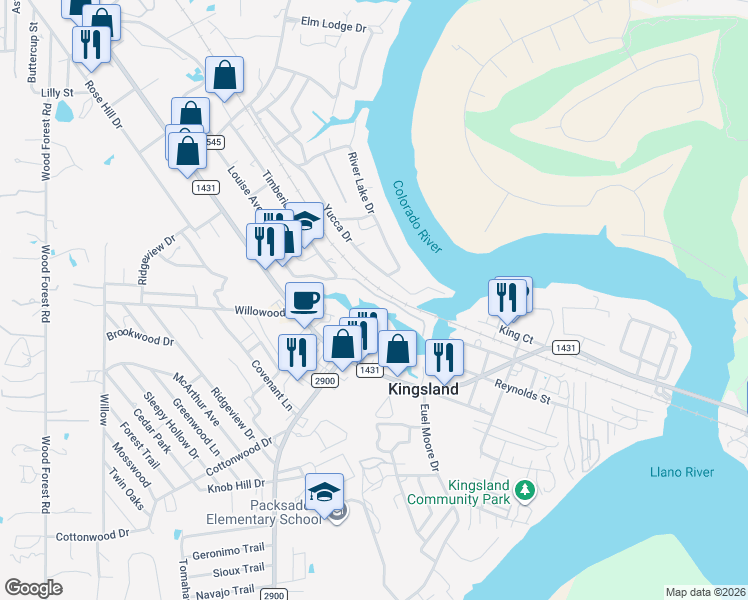 map of restaurants, bars, coffee shops, grocery stores, and more near 1701 Glen Cove in Kingsland