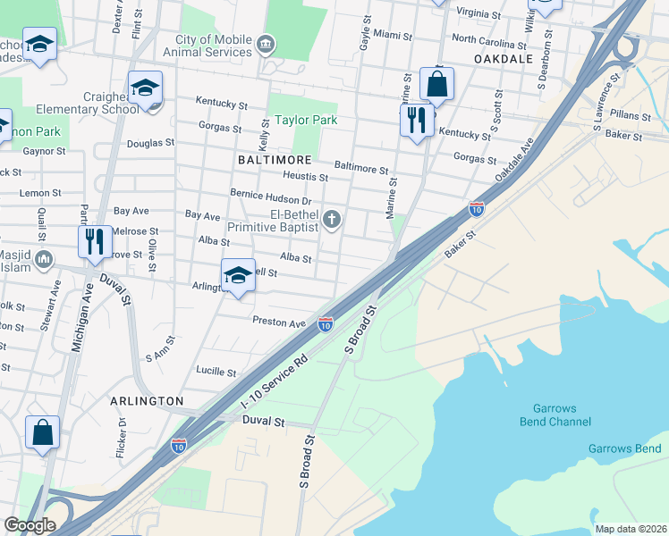 map of restaurants, bars, coffee shops, grocery stores, and more near 1250 Gayle Street in Mobile