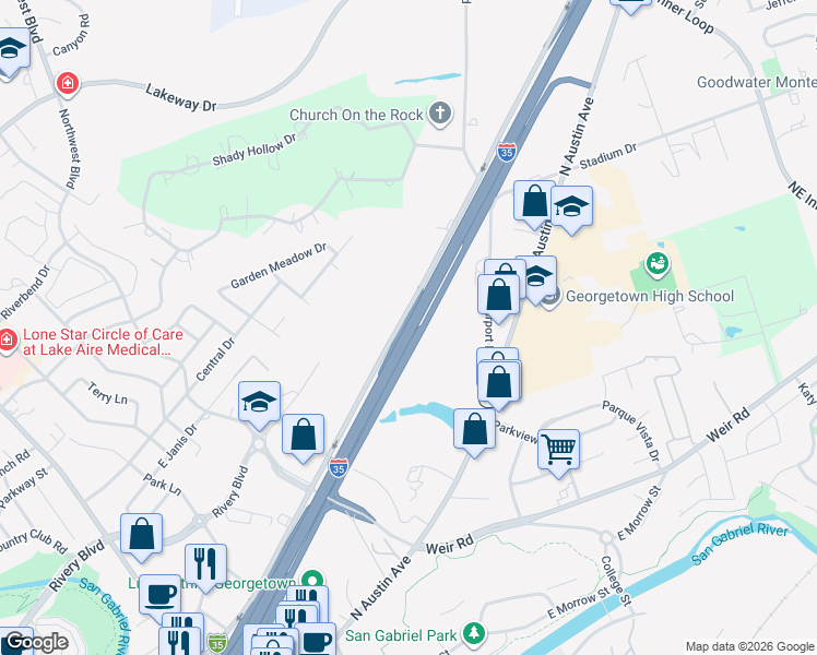 map of restaurants, bars, coffee shops, grocery stores, and more near Interstate 35 in Georgetown