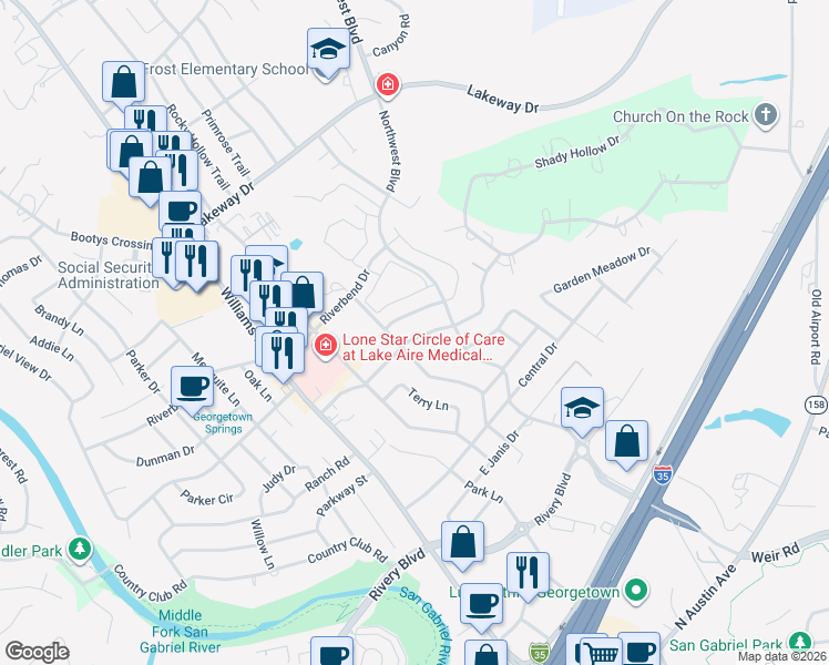 map of restaurants, bars, coffee shops, grocery stores, and more near 305 Golden Oaks Drive in Georgetown