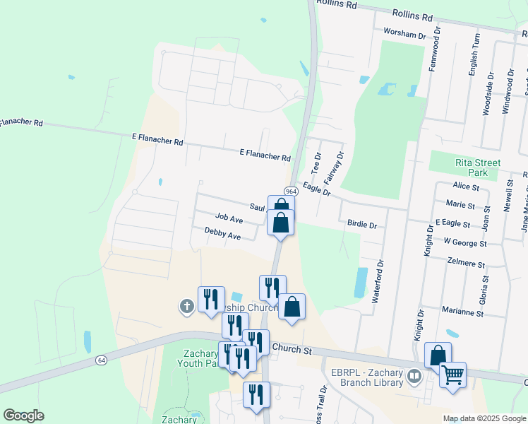 map of restaurants, bars, coffee shops, grocery stores, and more near 1844 Saul Avenue in Zachary