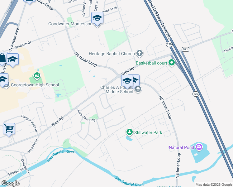 map of restaurants, bars, coffee shops, grocery stores, and more near 1039 Janae Court in Georgetown