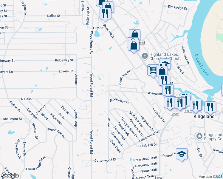 map of restaurants, bars, coffee shops, grocery stores, and more near 819 Willowood in Kingsland