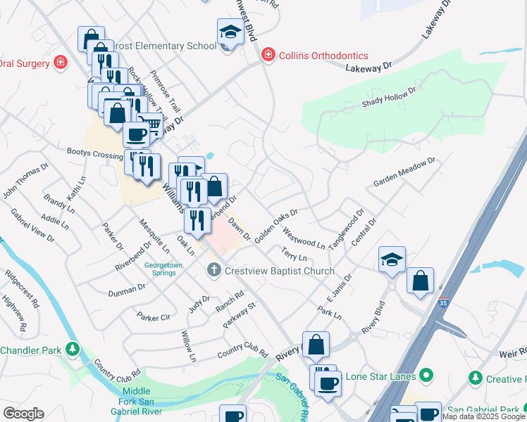 map of restaurants, bars, coffee shops, grocery stores, and more near 2312 Westwood Lane in Georgetown