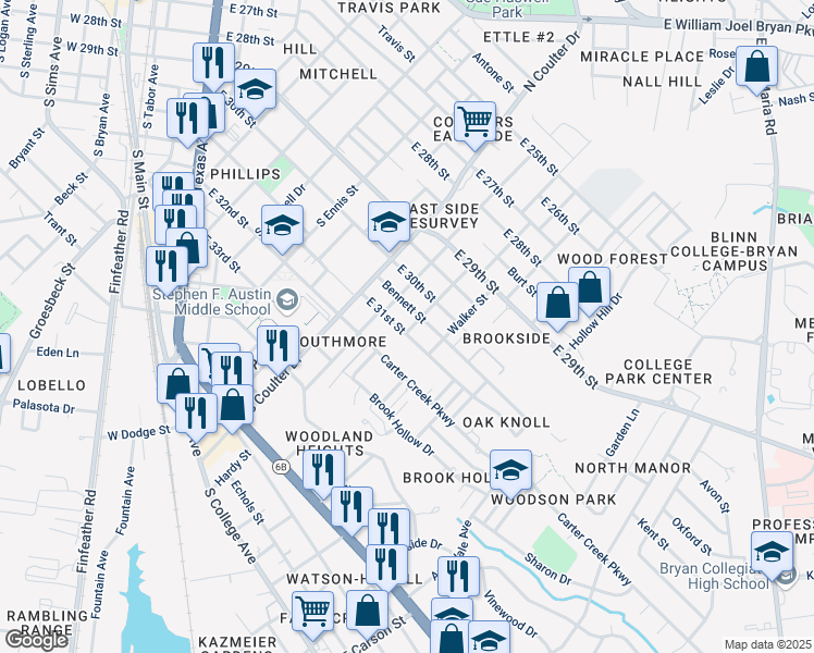 map of restaurants, bars, coffee shops, grocery stores, and more near 1108 East 31st Street in Bryan