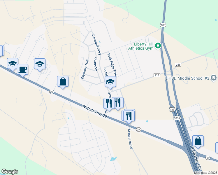 map of restaurants, bars, coffee shops, grocery stores, and more near 83 Prospector Lane in Liberty Hill
