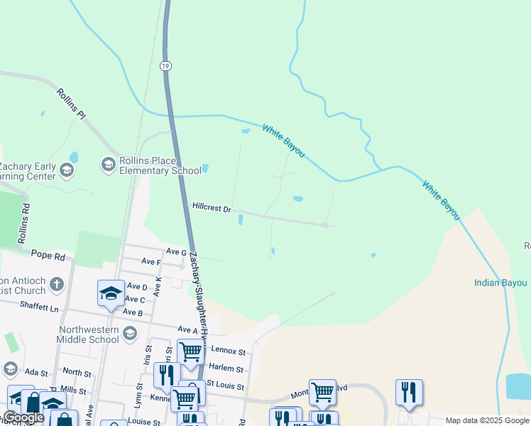 map of restaurants, bars, coffee shops, grocery stores, and more near 5245 Hillcrest Drive in Zachary
