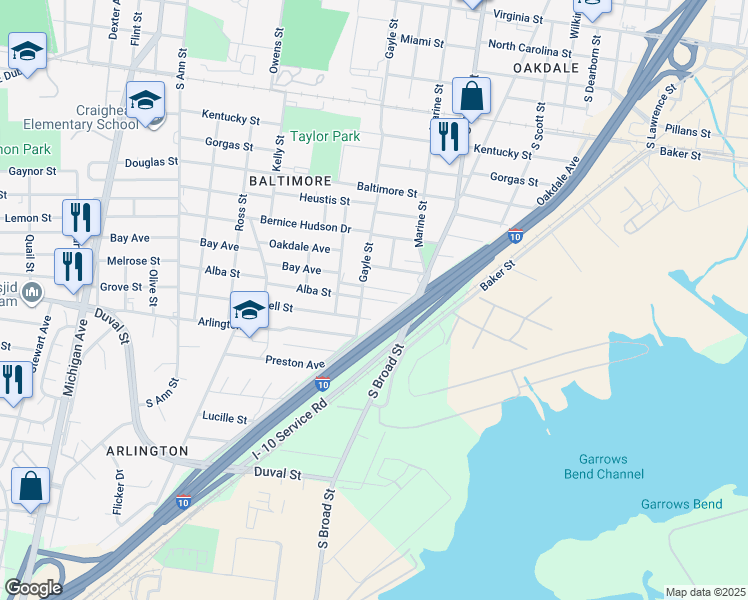 map of restaurants, bars, coffee shops, grocery stores, and more near 913 Alba Street in Mobile