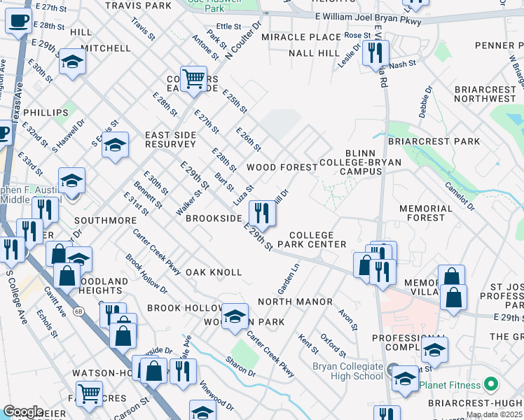 map of restaurants, bars, coffee shops, grocery stores, and more near 1530 Hollow Hill Drive in Bryan