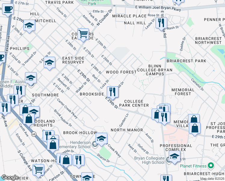 map of restaurants, bars, coffee shops, grocery stores, and more near 1530 Hollow Hill Drive in Bryan